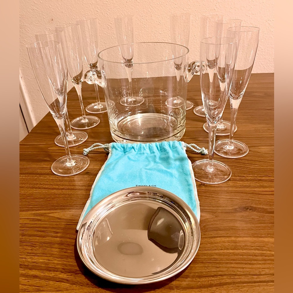 Tiffany & Co. Vintage Champagne Flutes (10), Ice Bucket, Tray